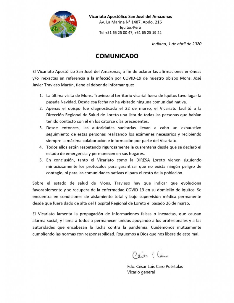 Comunicado del Vicariato San José del Amazonas